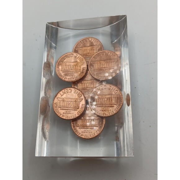 Vintage 1972 Penny Lucite Epoxy? Paperweight 3" X 2" Office Weight - Picture 7 of 9